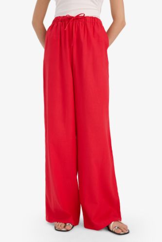 Wide Leg Çift Cepli Beli Lastikli Standart Boy Keten Karışımlı Pantolon
