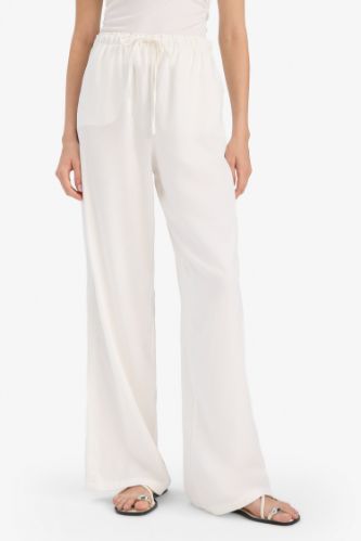 Wide Leg Çift Cepli Beli Lastikli Standart Boy Keten Karışımlı Beyaz Pantolon