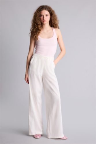 Kadın Kırık Beyaz Wıde Leg Beli Lastikli Keten Karışımlı Pantolon