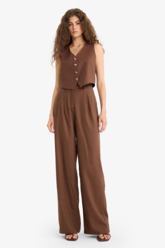 Wide Leg Çift Cepli Yüksek Bel Standart Boy Keten Karışımlı Pantolon