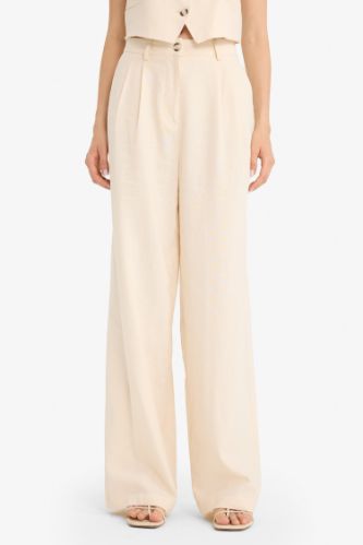 High Waist Standard Length Linen Blend Wide Leg Trousers