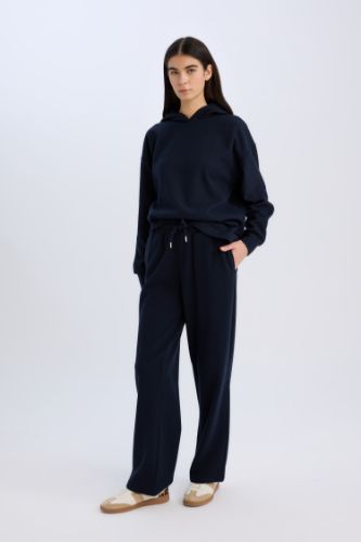 Wide Leg Kışlık Pantolon Geniş Bol Paça Beli Lastikli Bağcıklı Basic Düz Cepli