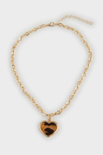 Kadın Leopar Kalp Detaylı Gold Kolye