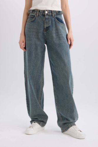 Baggy Fit Yüksek Bel Uzun Jean Yıkamalı Pantolon