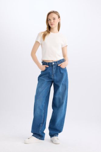 Baggy Fit Yüksek Bel Uzun Jean Yıkamalı Pantolon