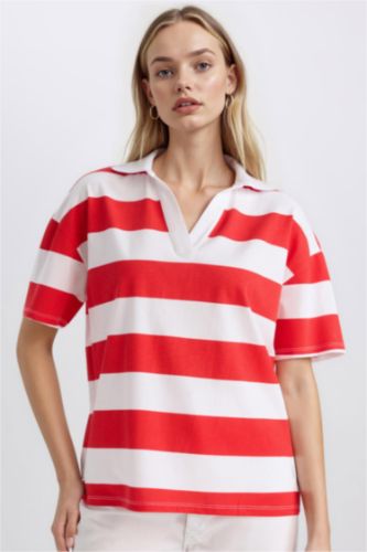 Kadın Kırmızı Relax Fıt Penye Kısa Kollu Polo Tişört