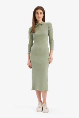 Bodycon Vücudu Saran Polo Yaka Basic Düz Fitilli Kaşkorse Yarım Kollu Midi Elbise