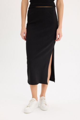 Fitted Vücudu Saran Yırtmaçlı Basic Düz Fitilli Kaşkorse Siyah Midi Etek