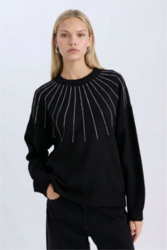 Oversize Geniş Kalıp Bisiklet Yaka Yumuşak Dokulu Taşlı Triko Kazak