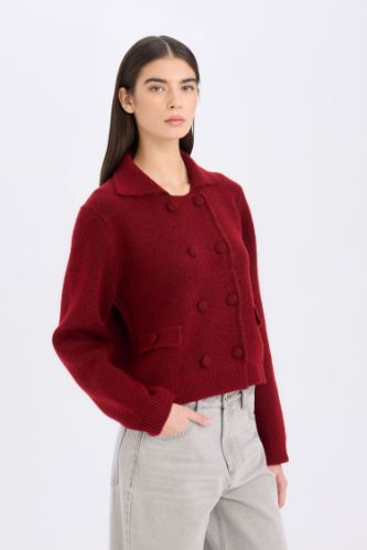 Regular Fit Polo Yaka Basic Düz Düğmeli Triko Hırka