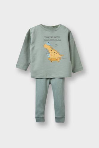 Erkek Bebek 2'li Takım Dinozor Baskılı Uzun Kollu Tişört Beli Lastikli Alt