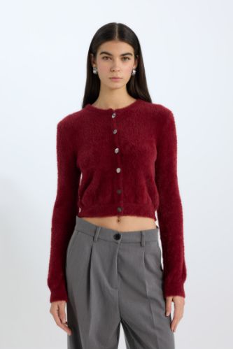 Regular Fit Bisiklet Yaka Düğmeli Triko Bordo Hırka