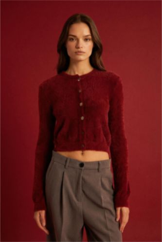 Regular Fit Bisiklet Yaka Düğmeli Triko Bordo Hırka