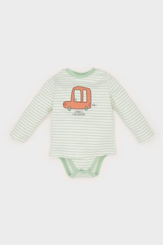 Erkek Bebek Yenidoğan Bisiklet Yaka Araç Baskılı Uzun Kollu Çıtçıtlı Body