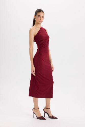 Bodycon Vücudu Saran Basic Düz Tek Omuzlu Bordo Midi Elbise
