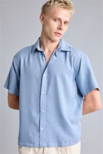 Erkek Mavi Regular Fit Kısa Kollu Tencel Gömlek