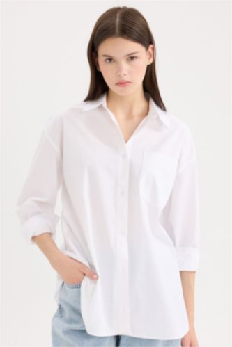 Oversize Fit Shirt Collar Poplin Long Sleeve Shirt