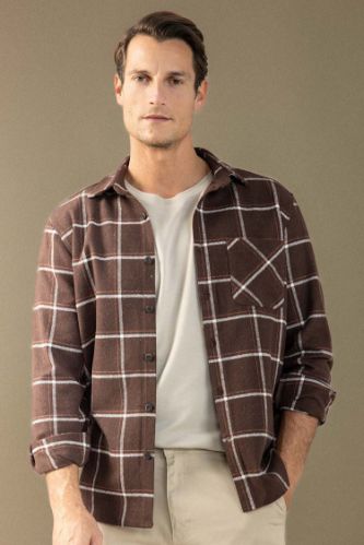 Regular Fit Polo Yaka Kareli Flanel Uzun Kollu Gömlek
