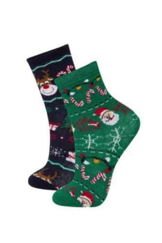 Erkek Çocuk Kutulu Yılbaşı Temalı 2'li Pamuklu Uzun Çorap