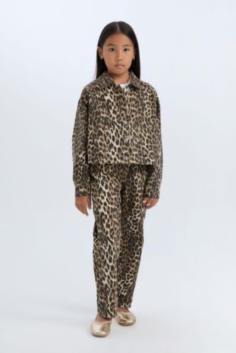 Kız Çocuk Leopar Desenli 90's Wide Leg Düz Paça Gabardin Pantolon