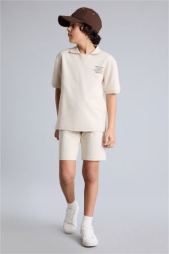 Erkek Çocuk - Genç Erkek Bej 2'li Takım Polo Yaka Baskılı Kısa Kollu Tişört Beli Lastikli Şort Erkek Çocuk