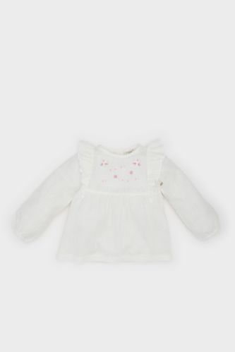 Kız Bebek Bisiklet Yaka Floral Flamlı Poplin Uzun Kollu Gömlek