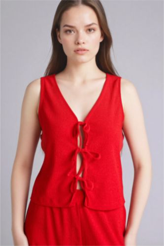 حريمي أحمر فيست منسوج بربطة قصة عادية وياقة V