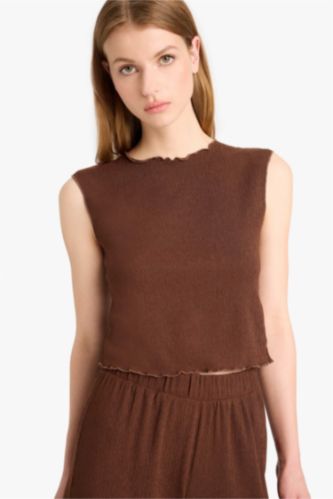 حريمي بني بلوزة كت منسوج قصة عادية برقبة مستديرة