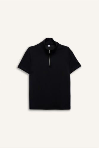 Kadın Siyah Standart Fıt Dik Yaka Sporcu Modal Kısa Kollu Tişört