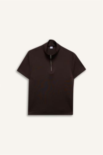 Kadın Kahve Standart Fıt Dik Yaka Sporcu Modal Kısa Kollu Tişört