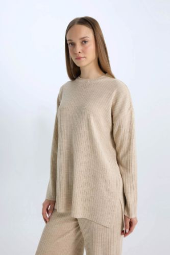 Relax Fit Bisiklet Yaka Basic Düz Triko Tunik Kazak