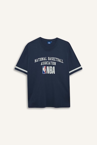 %100 Pamuk NBA Wordmark Oversize Geniş Kalıp Bisiklet Yaka Kısa Kollu Tişört