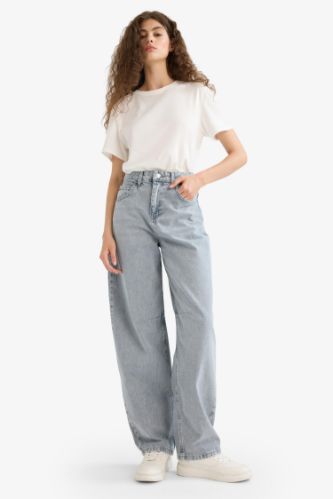 Baggy Fit Yüksek Bel Uzun Jean Yıkamalı Pantolon