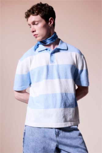رجال أزرق فاتح Oversize Fit Polo Collar Short Sleeve Polo T-Shirt