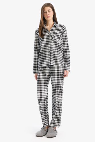 Pijama Takımı Kareli Uzun Kollu Üst Esnek Belli Uzun Altı-Fall in Love