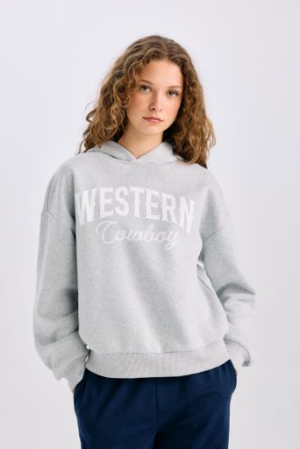 Oversize Geniş Kalıp Kapüşonlu Baskılı Kalın Sweatshirt