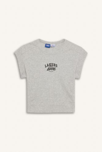 DeFactoFit NBA Los Angeles Lakers Standart Fit Bisiklet Yaka Nakış Baskı Fitilli Kaşkorse Kısa Kollu Tişört