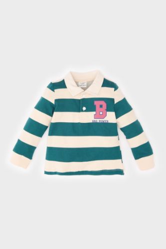 Erkek Bebek Gömlek Yaka Çizgili Baskılı İçi Yumuşak Tüylü Sweatshirt