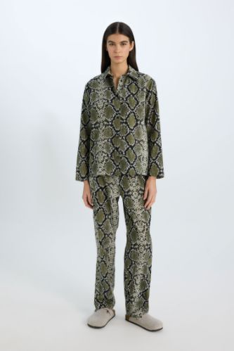 Fall in Love Pijama Takım Poplin Yılan Derisi Desenli Uzun Kollu Üst Esnek Belli Uzun Alt
