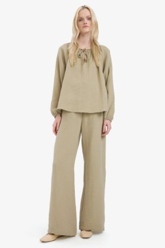 Double Pocket High Waist Wide Leg Muslin Fabric Trousers