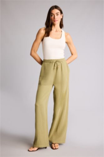Kadın Açık Haki Wıde Leg Çift Cepli Yüksek Bel Geniş Paça Müslin Pantolon