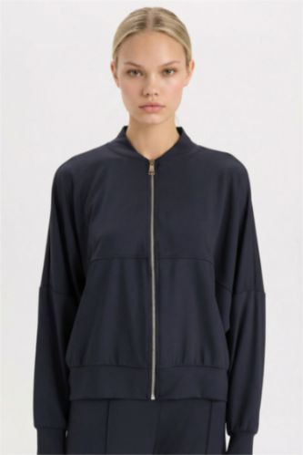 Kolej Yaka Fermuarlı Cepli Basic Düz Bomber Hırka