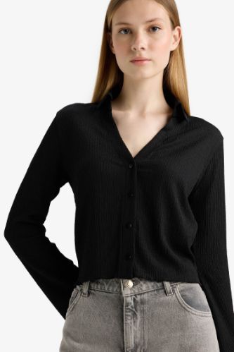 Fitted Shirt Collar Crepe Long Sleeve Shirt