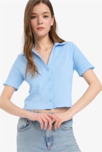 WOMAN Light Blue Slim Fit Shirt Collar Short Sleeve Shirt