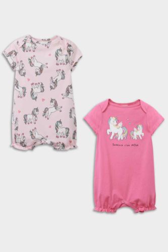 Kız Bebek Yenidoğan Unicorn Baskılı Penye 2'li Kısa Kollu Tulum