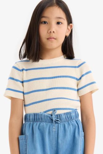 Kız Çocuk Cropped Fit Bisiklet Yaka Çizgili Kısa Kollu Kazak