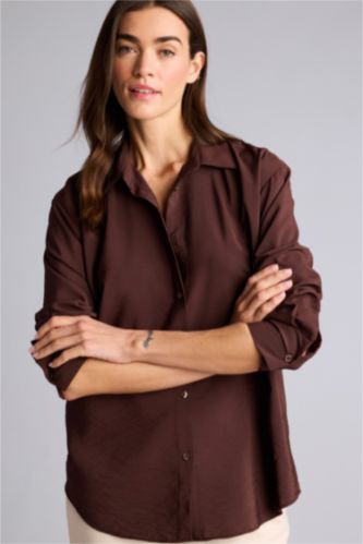 Kadın Kahve Oversıze Gömlek Yaka Uzun Kollu Gömlek