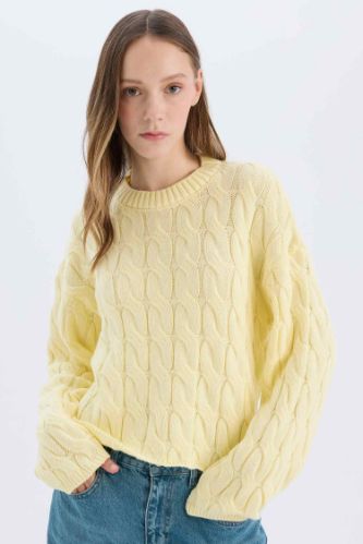 Coool Regular Fit Bisiklet Yaka Saç Örgülü Triko Kazak