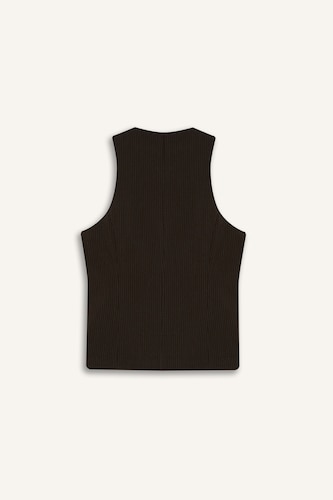 Fitted Bisiklet Yaka Düğmeli Çizgili Yelek