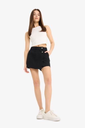 Yüksek Bel Cepli Mini Jean Şort Etek
